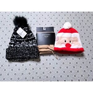 NWT Bundle 3pc Cozy Holiday Hats and Gaiter Santa Black White Pom Pom